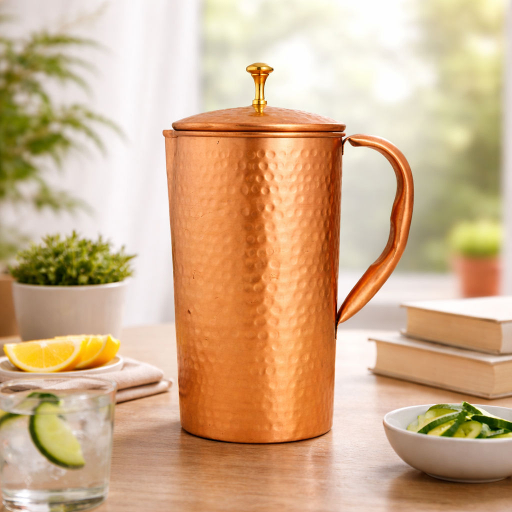 Pure copper matt hammered jug with brass knob on lid, 1500 ML